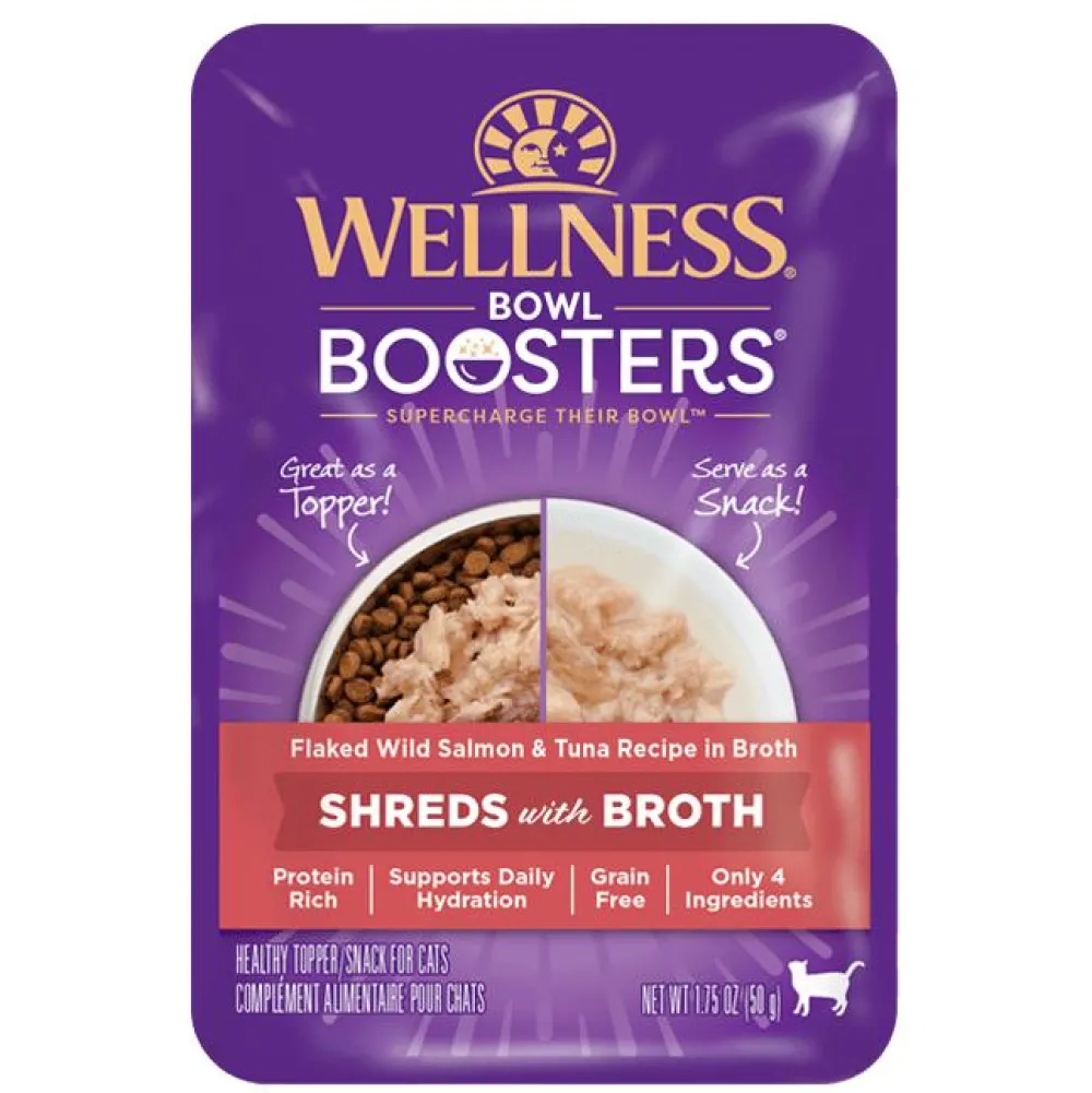 Wellness Food Toppings | Broth^Bowl Boosters Shreds with Broth Flaked Wild Salmon & Tuna in Broth for Cats, 1.75-oz